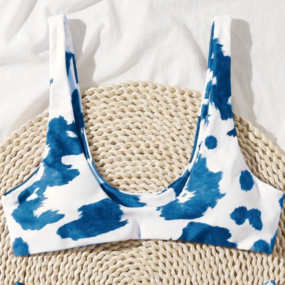 Blue & White Cow Print Bikini Top